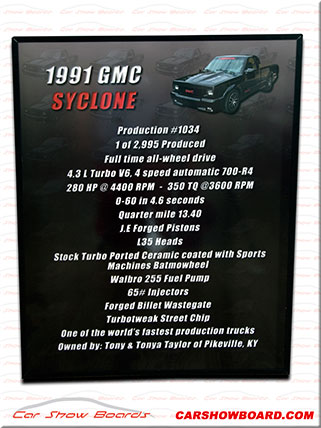 Car Show Sign for a GMC Syclone